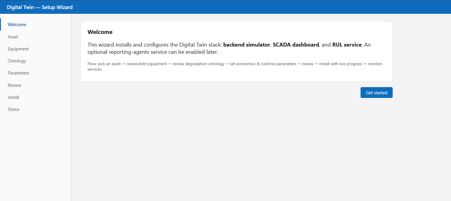 Digital twin setup wizard installing the backend simulator, SCADA dashboard and RUL service