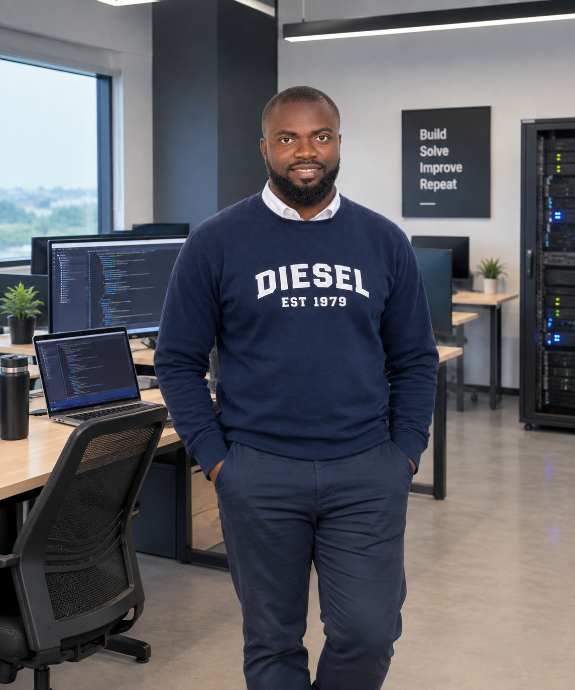 Portrait of Saviour Ufuoma, founder of VLTHR Lab